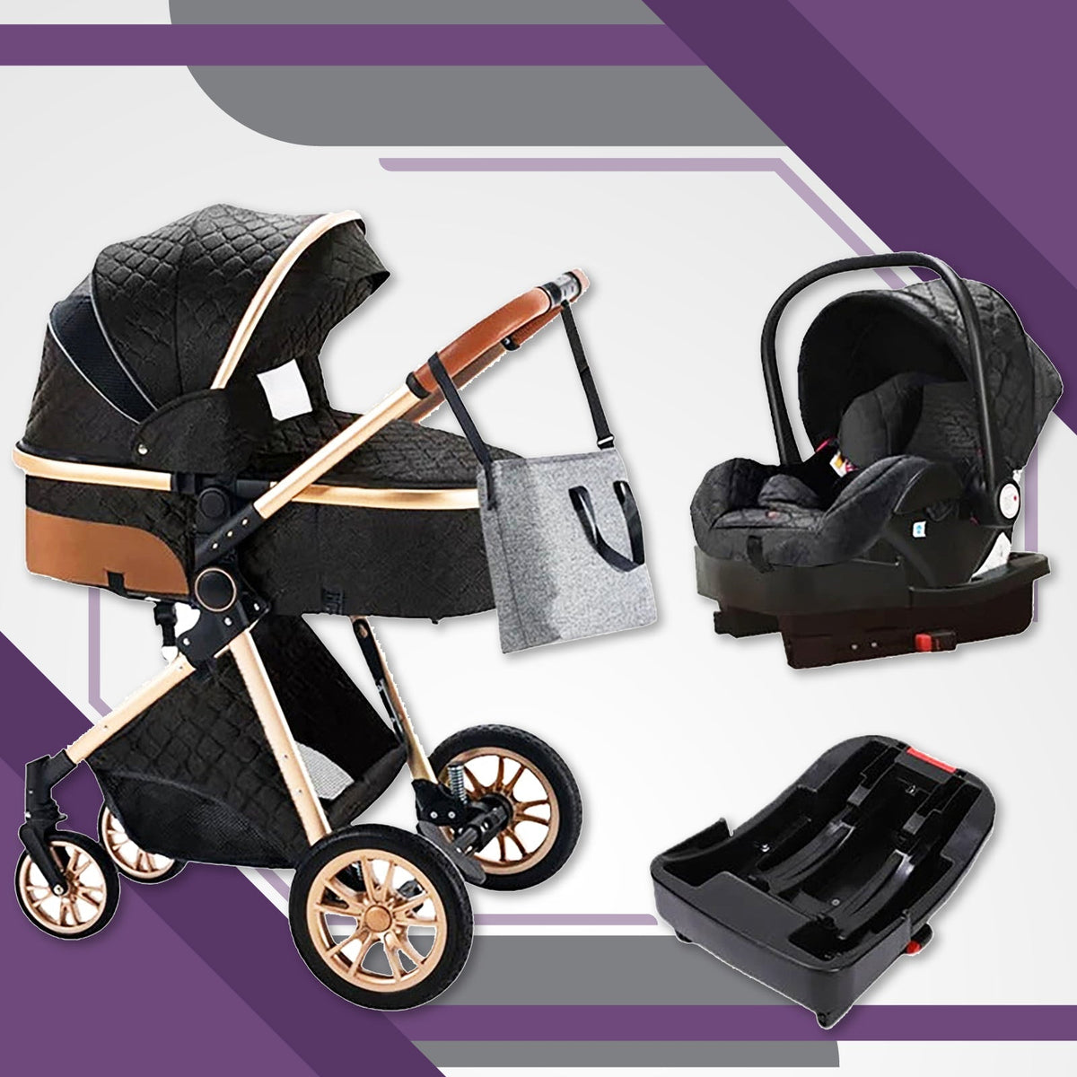 Black/Gold Premium 3-in-1 Baby Stroller-Maternity Miracles - Mom & Baby Gifts