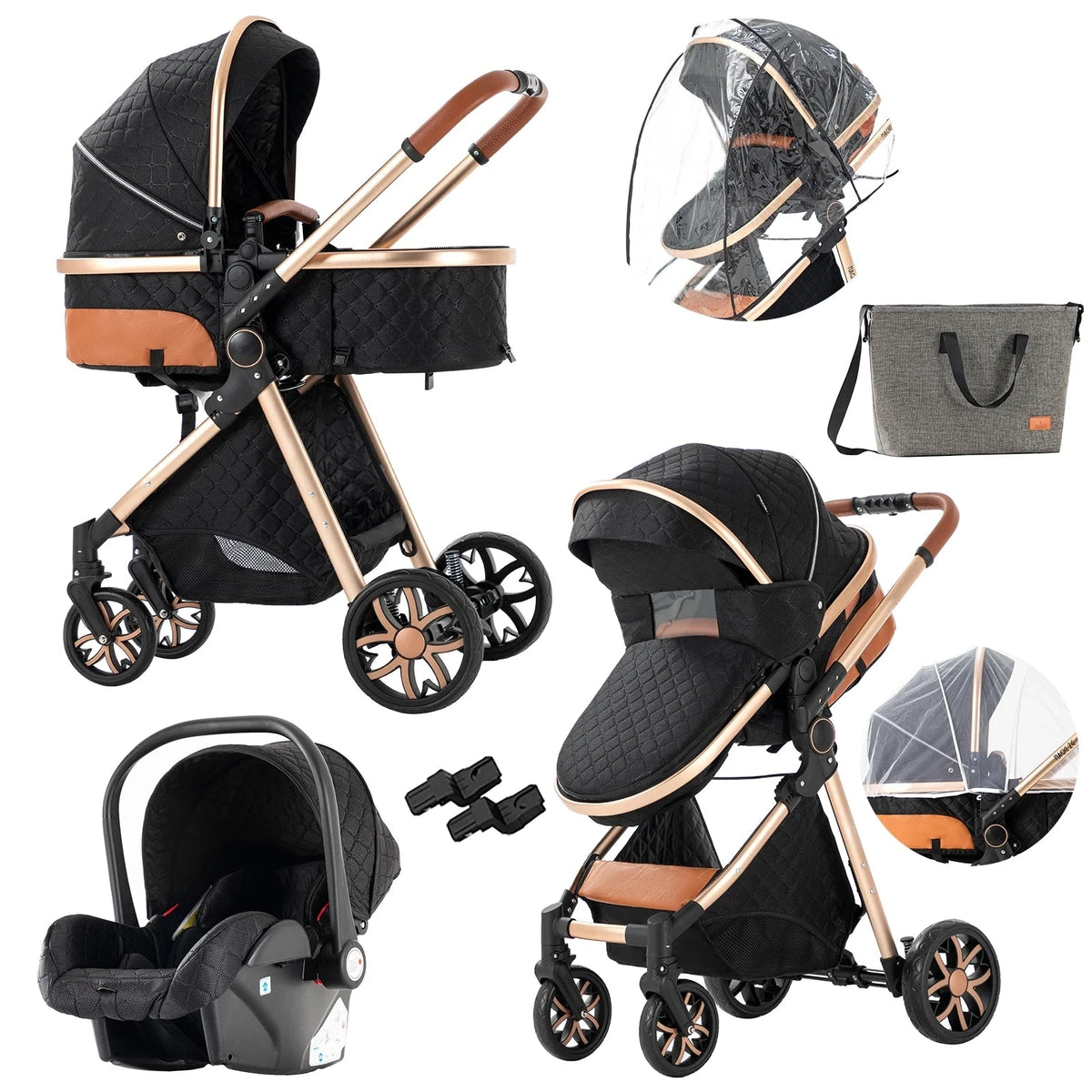 Black/Gold Premium 3-in-1 Baby Stroller-Maternity Miracles - Mom & Baby Gifts